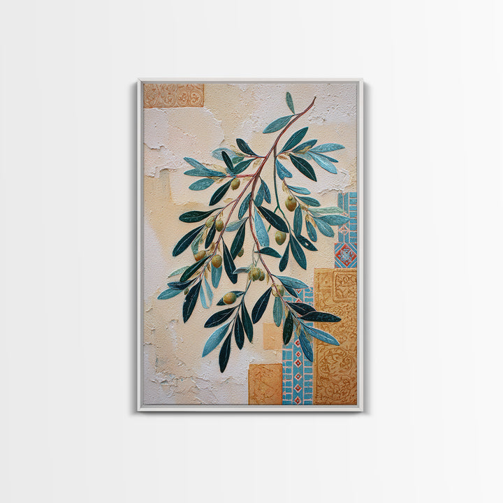 Olive Branch Wreath on Warm Plaster Framed Canvas Print, Patio Art, Outdoor Decor, Patio Decor, Fine Art, Outdoor, Bar Art, PAT-2x3-17