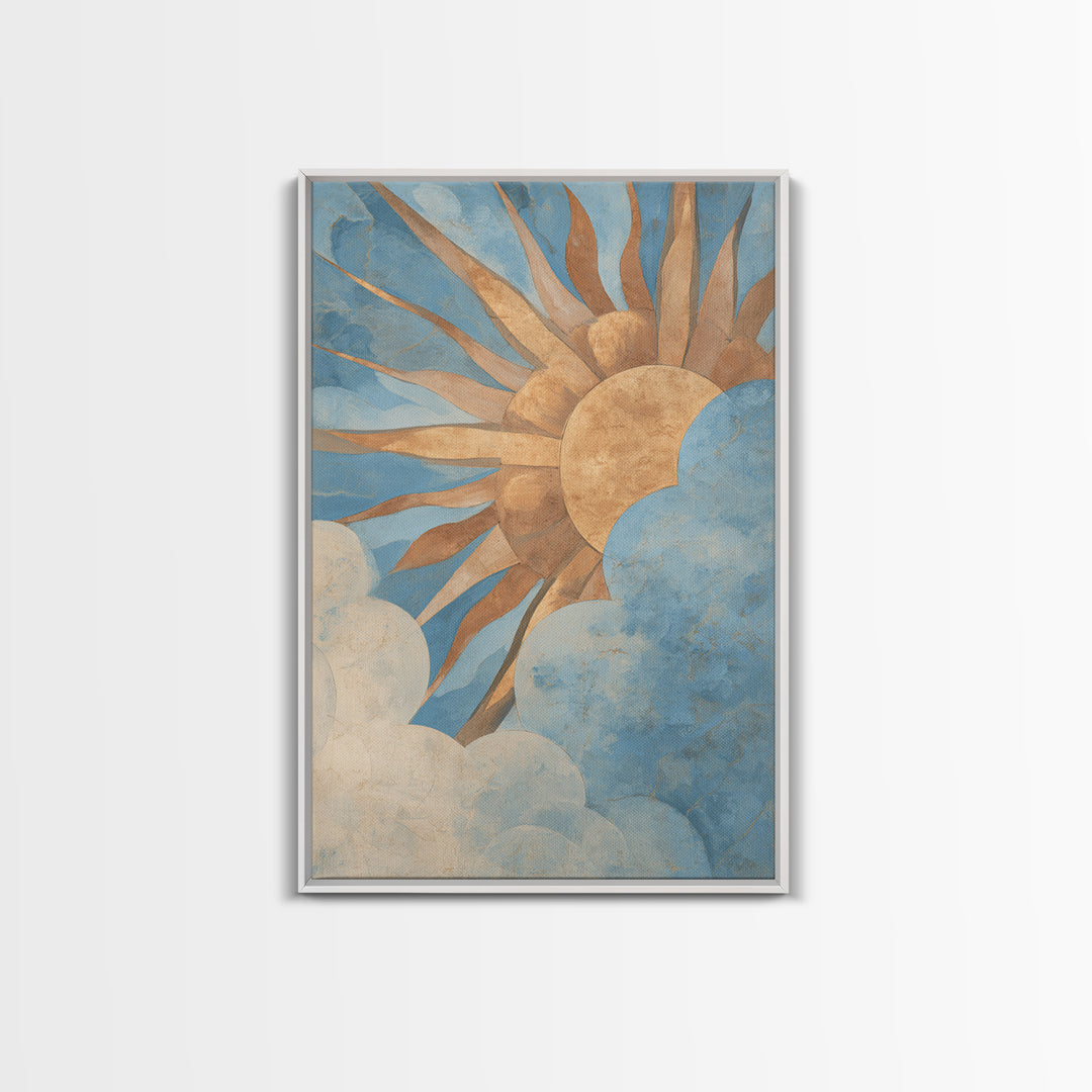 Sun Motif with Warm Terracotta Rays Framed Canvas Print, Patio Art, Boho Decor, Patio Decor, Abstract Art, Outdoor, PAT-2x3-2