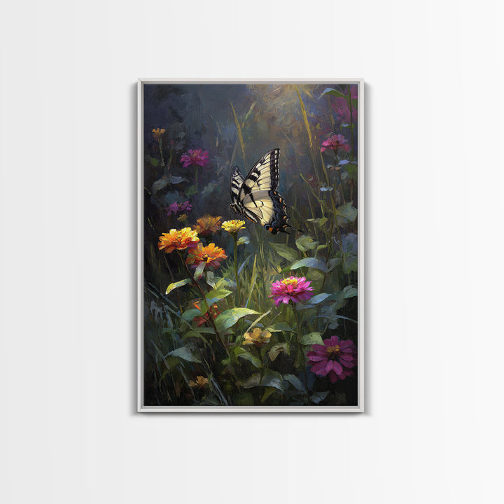 Butterfly Garden with Zinnias and Daisies Framed Canvas Print, Patio Art, Contemporary Art, Patio Decor, Fine Art, Outdoor, PAT-2x3-21