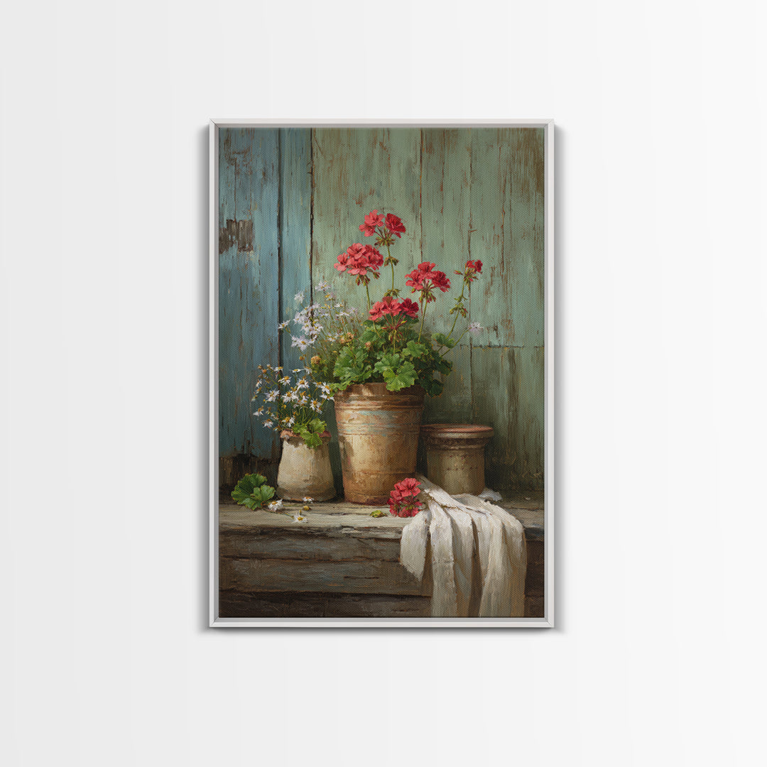Potted Geraniums in Rustic Clay Pots Framed Canvas Print, Patio Art, Textured Painting, Patio Decor, Fine Art, Outdoor, PAT-2x3-22