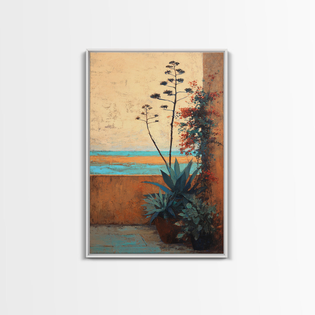 Desert Patio Agave and Bougainvillea Framed Canvas Print, Patio Art, Wall Art, Patio Decor, Oil Painting, Outdoor, PAT-2x3-25