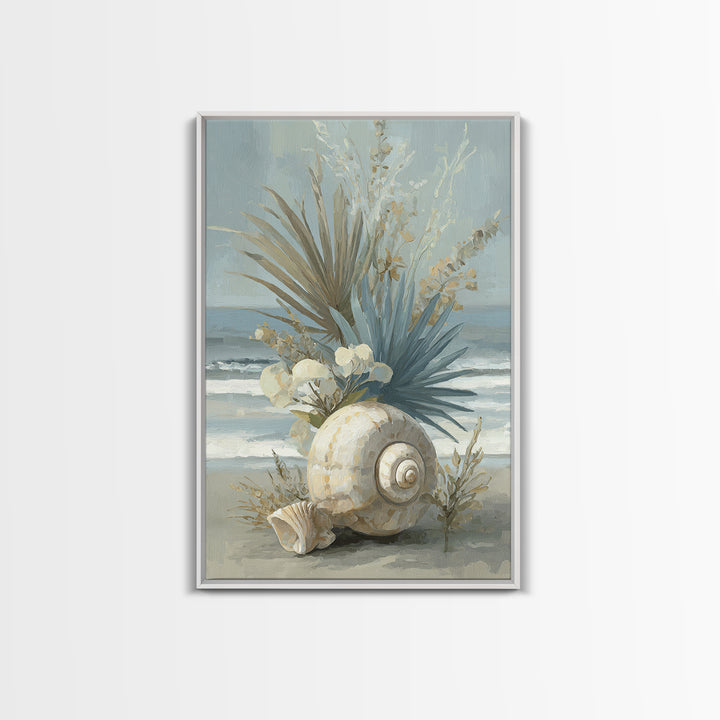 Beachy Shell and Palm Arrangement Framed Canvas Print, Patio Art, Rustic Decor, Patio Decor, Fine Art, Outdoor, PAT-2x3-3