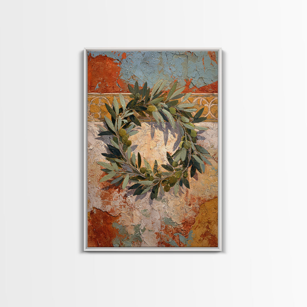 Olive Branch Wreath on Warm Plaster Framed Canvas Print, Patio Art, Outdoor Decor, Patio Decor, Fine Art, Outdoor, Bar Art, PAT-2x3-41