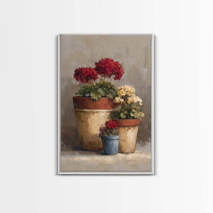 Potted Geraniums in Rustic Clay Pots Framed Canvas Print, Patio Art, Textured Painting, Patio Decor, Fine Art, Outdoor, PAT-2x3-46