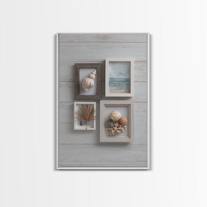 Beachy Shell and Palm Arrangement Framed Canvas Print, Patio Art, Room Decor, Patio Decor, Oil Painting, Outdoor, Garden Art, PAT-2x3-51