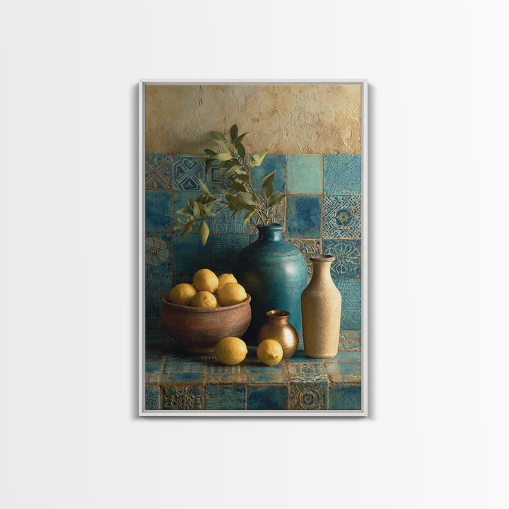 Mediterranean Lemons and Blue Tile Pattern Canvas Print, Patio Art, Metal Wall Art, Patio Decor, Outdoor, Coastal Wall Decor, PAT-2x3-58