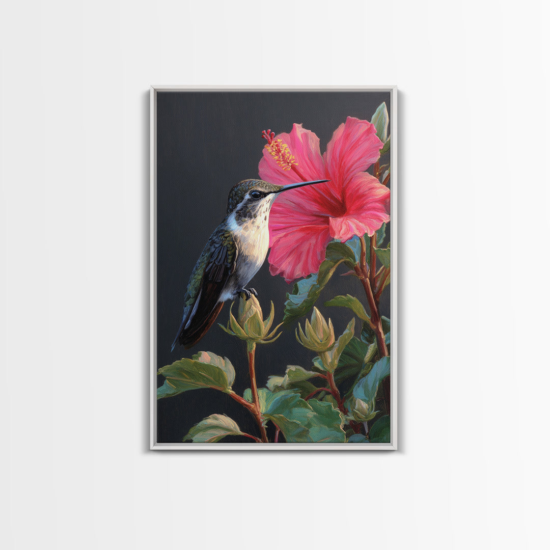 Hummingbird Visiting Bright Hibiscus Framed Canvas Print, Patio Art, Decor, Patio Decor, Oil Painting, Outdoor, PAT-2x3-59
