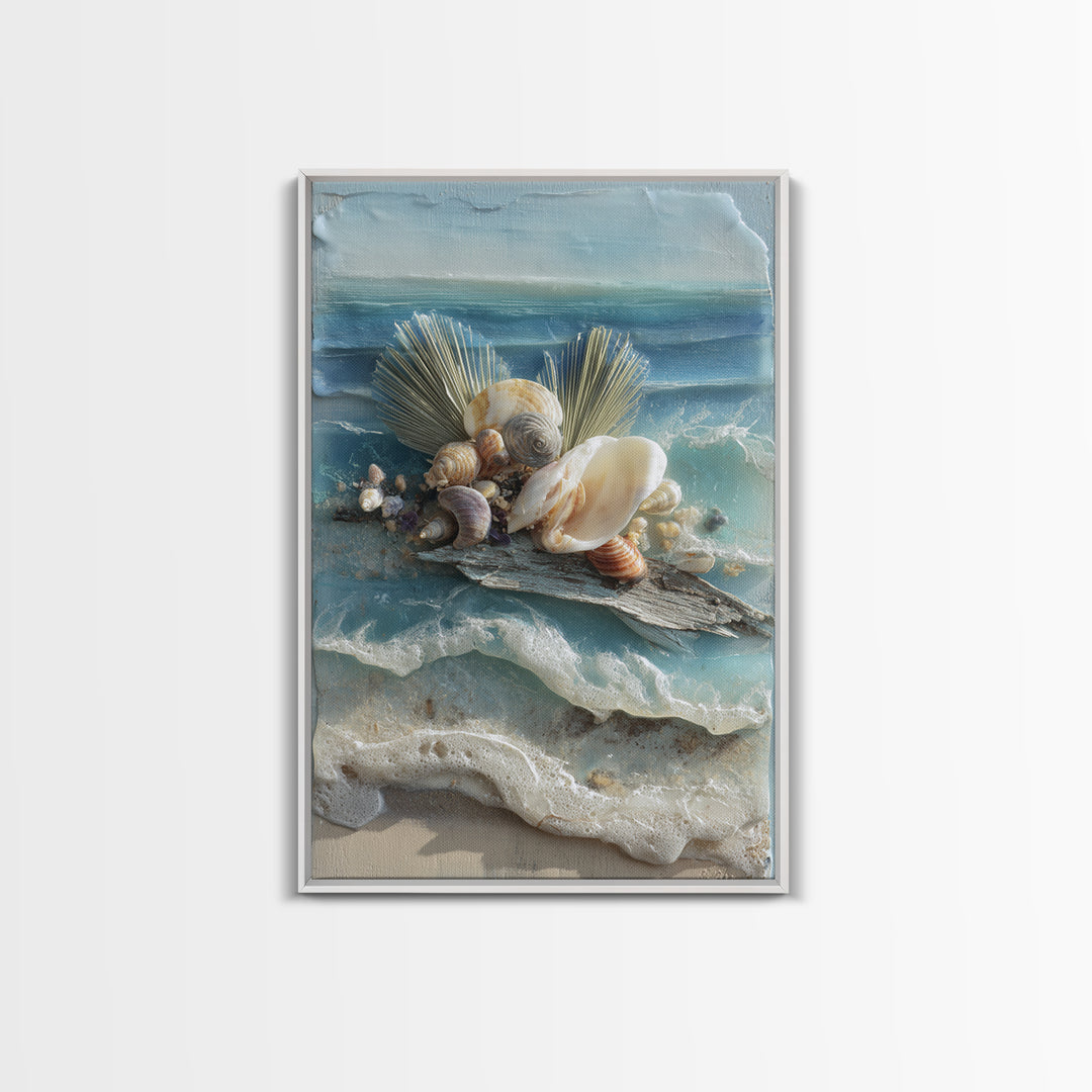 Beachy Shell and Palm Arrangement Framed Canvas Print, Patio Art, Garden Decor, Patio Decor, Fine Art, Outdoor, Beach Art, PAT-2x3-75