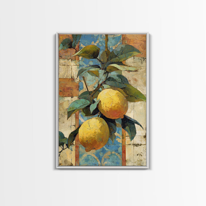 Mediterranean Lemons and Blue Tile Pattern Canvas Print, Patio Art, Metal Wall Art, Patio Decor, Outdoor, Coastal Wall Decor, PAT-2x3-82