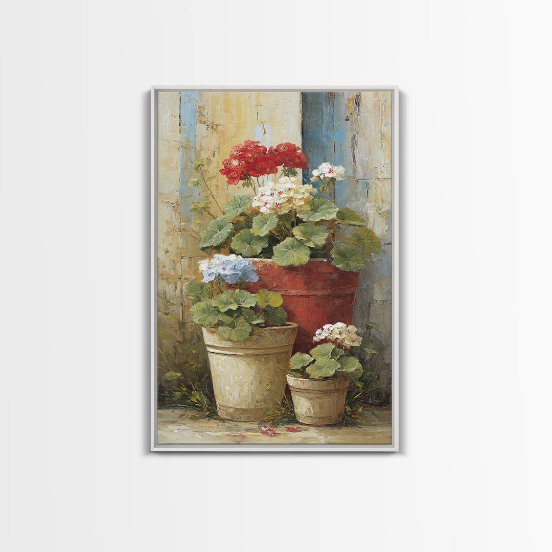Potted Geraniums in Rustic Clay Pots Framed Canvas Print, Patio Art, Garden Art, Patio Decor, Outdoor, Beach House Decor, PAT-2x3-94