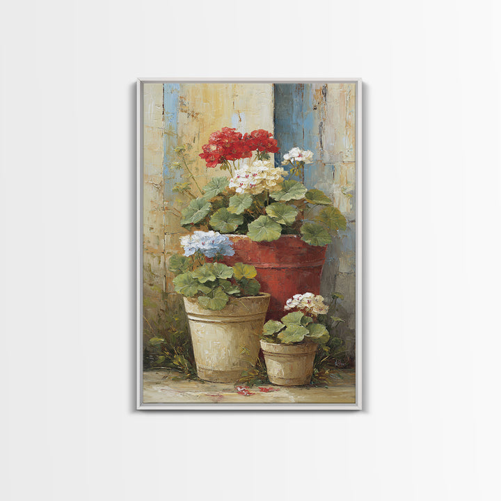Potted Geraniums in Rustic Clay Pots Framed Canvas Print, Patio Art, Garden Art, Patio Decor, Outdoor, Beach House Decor, PAT-2x3-94