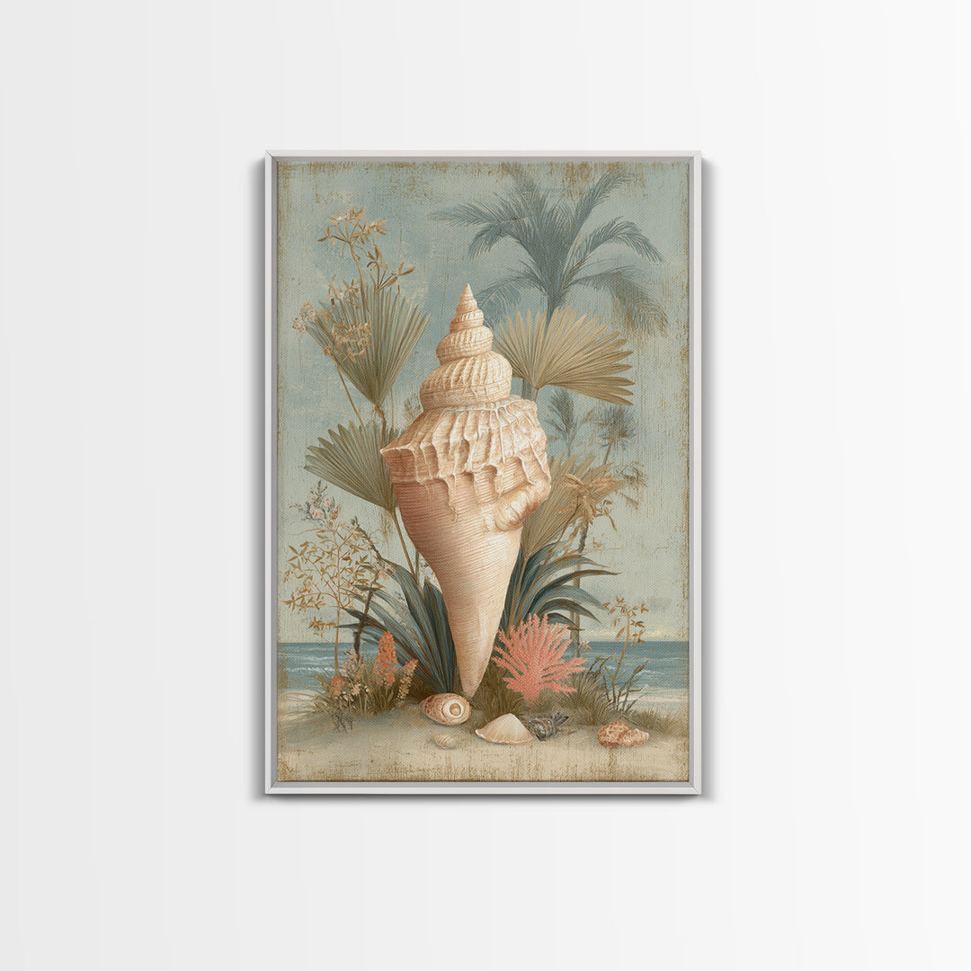 Beachy Shell and Palm Arrangement Canvas Print, Patio Art, Outdoor Wall Decor, Patio Decor, Fine Art, Outdoor, Yard Decor, PAT-2x3-99