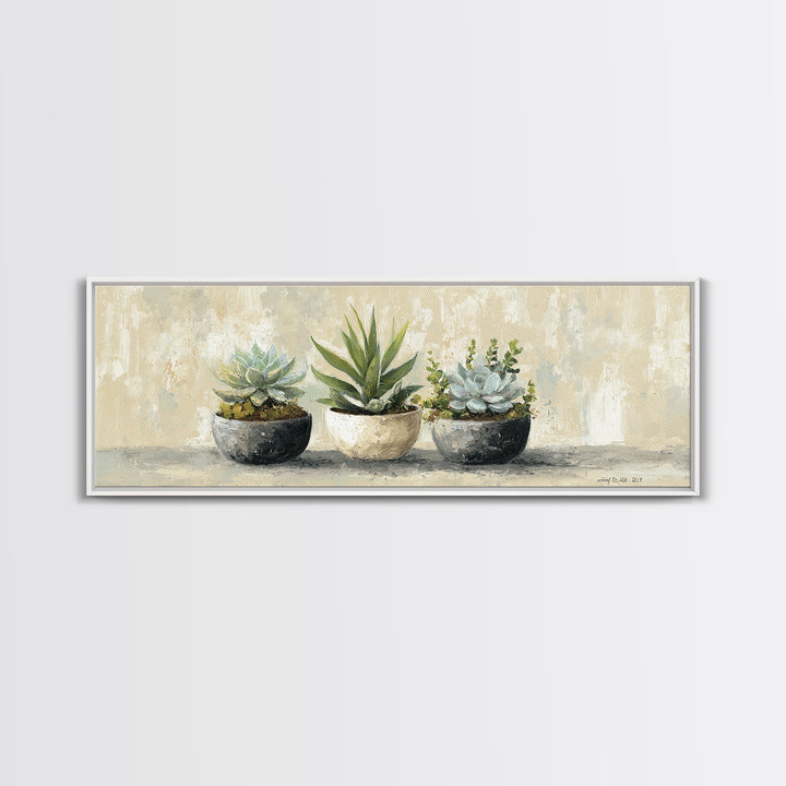 Succulent Collection in Ceramic Planters Canvas Print, Patio Art, Yard Art, Patio Decor, Fine Art, Outdoor, Lake House Decor, PAT-3x1-13