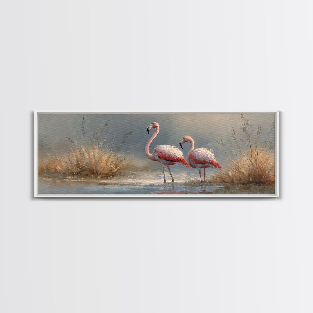 Flamingo Pair Beside Shallow Water Framed Canvas Print, Patio Art, Metal Wall Art, Patio Decor, Outdoor, Coastal Wall Decor, PAT-3x1-2