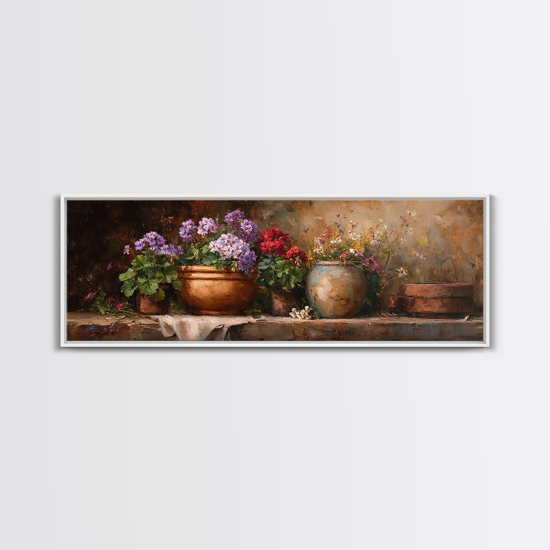 Potted Geraniums in Rustic Clay Pots Canvas Print, Patio Art, Wall Art, Patio Decor, Fine Art, Outdoor, Outdoor Wall Decor, PAT-3x1-30