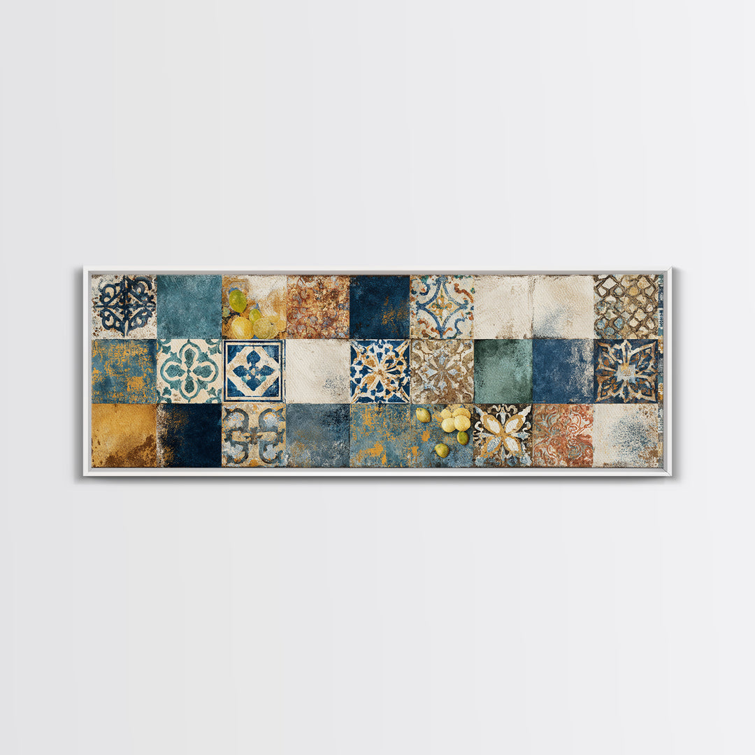 Mediterranean Lemons and Blue Tile Pattern Canvas Print, Patio Art, Coastal Decor, Patio Decor, Outdoor, Family Wall Art, PAT-3x1-42