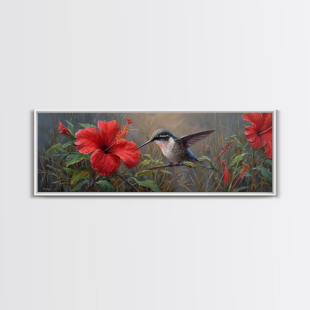 Hummingbird Visiting Bright Hibiscus Canvas Print, Patio Art, Wall Decor, Patio Decor, Fine Art, Outdoor, Coastal Decor, PAT-3x1-43