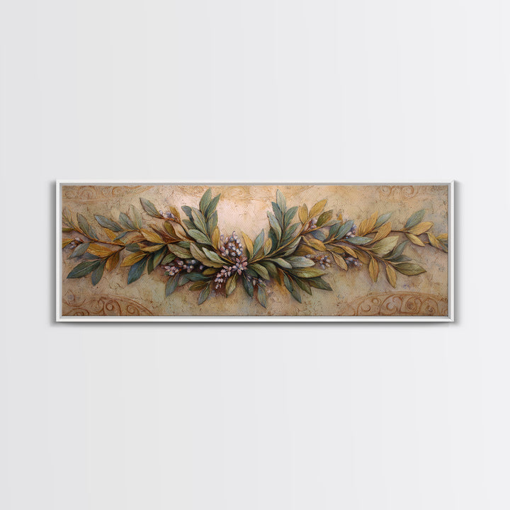 Olive Branch Wreath on Warm Plaster Canvas Print, Patio Art, Beach Art, Patio Decor, Fine Art, Outdoor, Neutral Decor, PAT-3x1-49