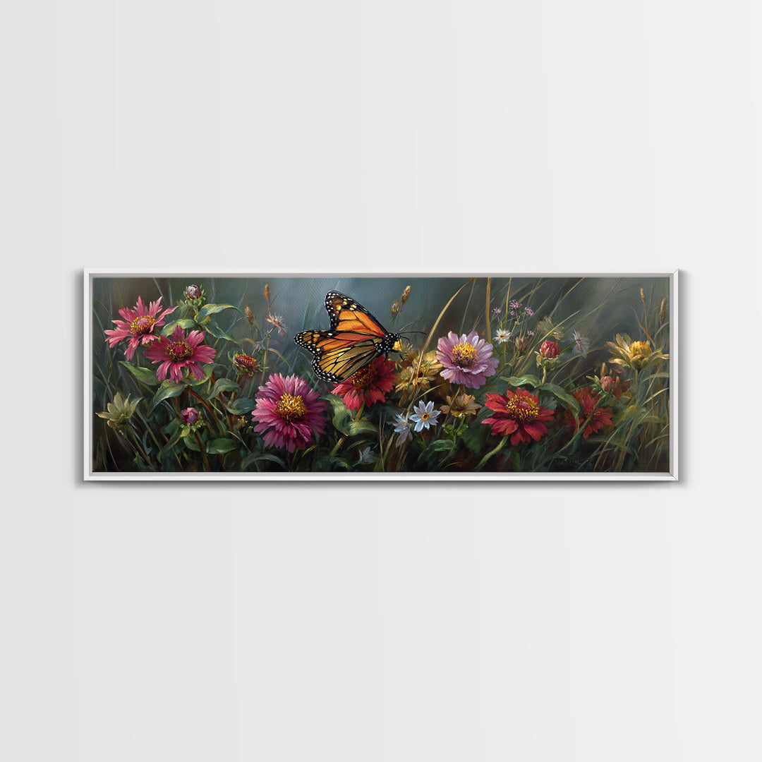 Butterfly Garden with Zinnias and Daisies Framed Canvas Print, Patio Art, Outdoor Wall Art, Patio Decor, Fine Art, Outdoor, PAT-3x1-5
