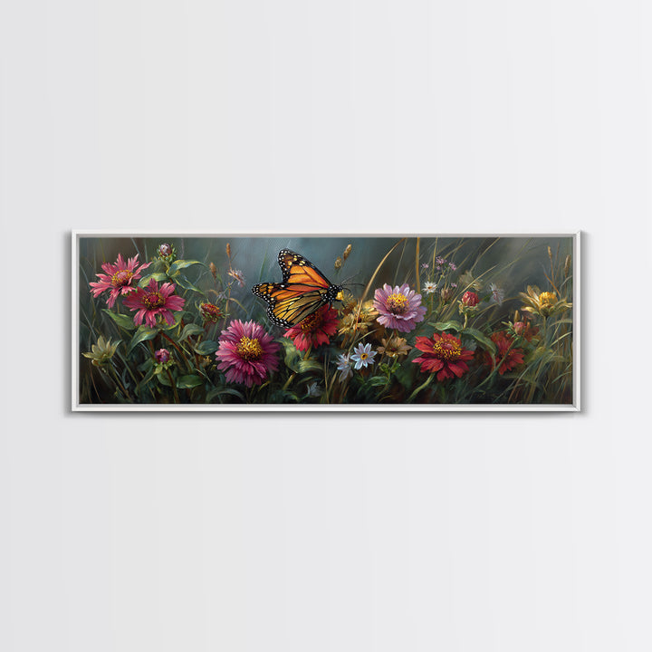 Butterfly Garden with Zinnias and Daisies Framed Canvas Print, Patio Art, Outdoor Wall Art, Patio Decor, Fine Art, Outdoor, PAT-3x1-5