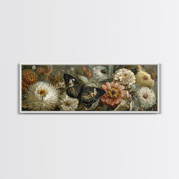 Butterfly Garden with Zinnias and Daisies Framed Canvas Print, Patio Art, Beach House Decor, Patio Decor, Oil Painting, Outdoor, PAT-3x1-53