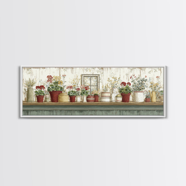 Potted Geraniums in Rustic Clay Pots Canvas Print, Patio Art, Lake House Decor, Patio Decor, Fine Art, Outdoor, Boho Decor, PAT-3x1-54