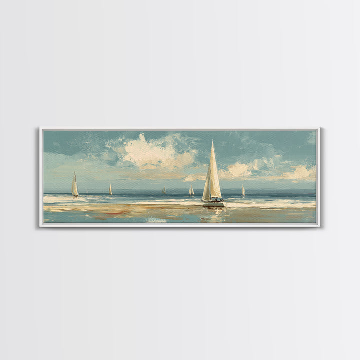 Sailboat on a Breezy Summer Horizon Framed Canvas Print, Patio Art, Contemporary Art, Patio Decor, Oil Painting, Outdoor, PAT-3x1-55