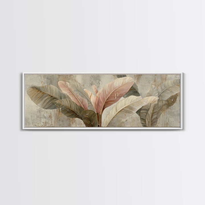 Banana Leaves with Rain Drop Details Framed Canvas Print, Patio Art, Textured Painting, Patio Decor, Fine Art, Outdoor, PAT-3x1-56