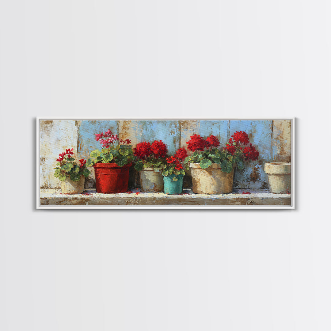 Potted Geraniums in Rustic Clay Pots Canvas Print, Patio Art, Porch Decor, Patio Decor, Fine Art, Outdoor, Fine Art Print, PAT-3x1-6