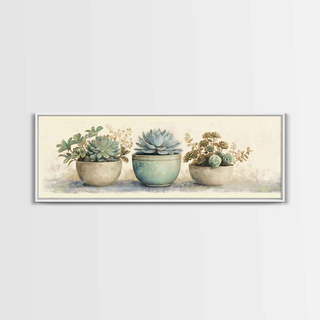 Succulent Collection in Ceramic Planters Canvas Print, Patio Art, Floral Art, Patio Decor, Oil Painting, Outdoor, PAT-3x1-61