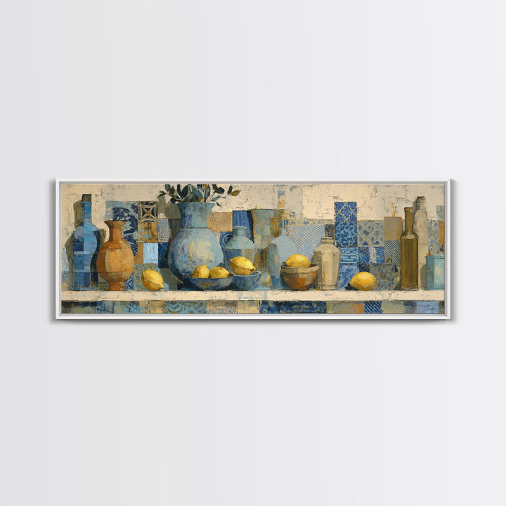 Mediterranean Lemons and Blue Tile Pattern Canvas Print, Patio Art, Coastal Decor, Patio Decor, Outdoor, Family Wall Art, PAT-3x1-66