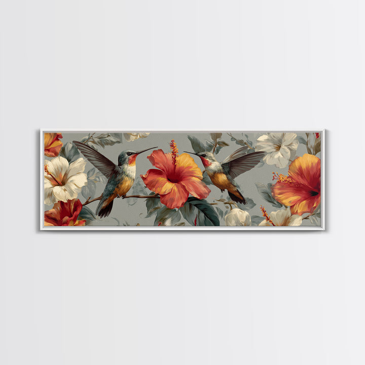 Hummingbird Visiting Bright Hibiscus Framed Canvas Print, Patio Art, Garden Art, Patio Decor, Abstract Art, Outdoor, PAT-3x1-67