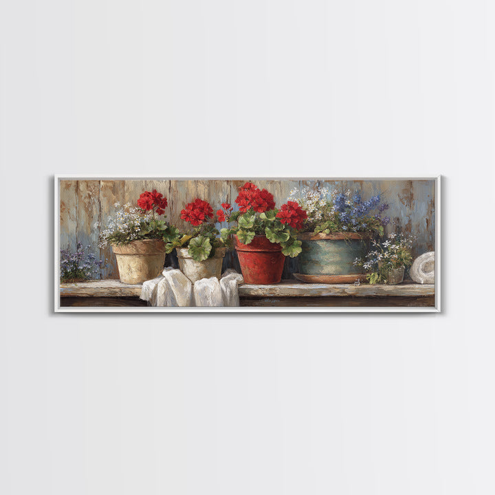 Potted Geraniums in Rustic Clay Pots Canvas Print, Patio Art, Wall Decor, Patio Decor, Fine Art, Outdoor, Coastal Decor, PAT-3x1-78