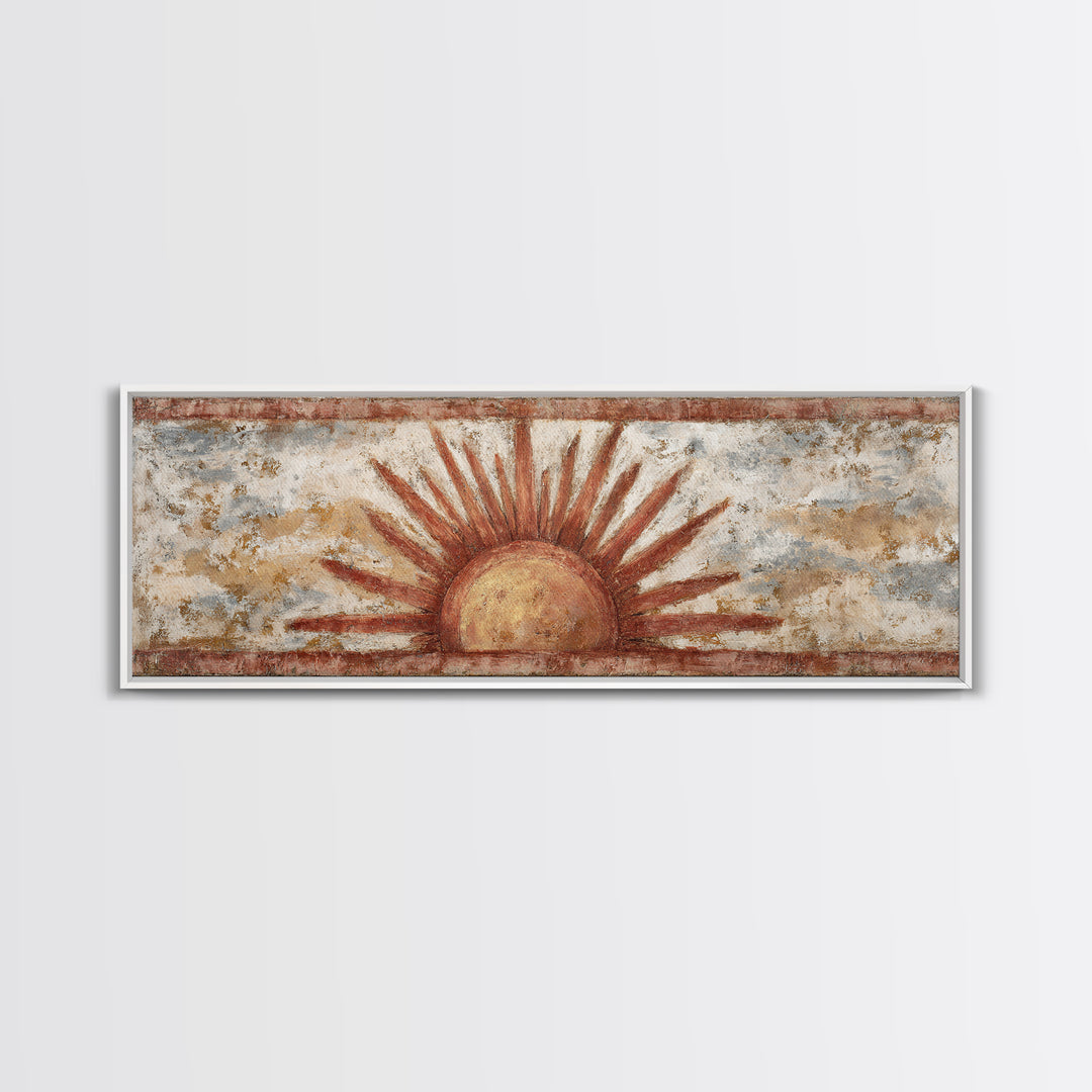 Sun Motif with Warm Terracotta Rays Framed Canvas Print, Patio Art, Outdoor Wall Decor, Patio Decor, Fine Art, Outdoor, PAT-3x1-82