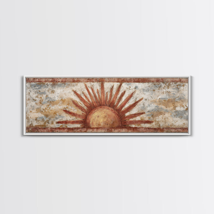 Sun Motif with Warm Terracotta Rays Framed Canvas Print, Patio Art, Outdoor Wall Decor, Patio Decor, Fine Art, Outdoor, PAT-3x1-82