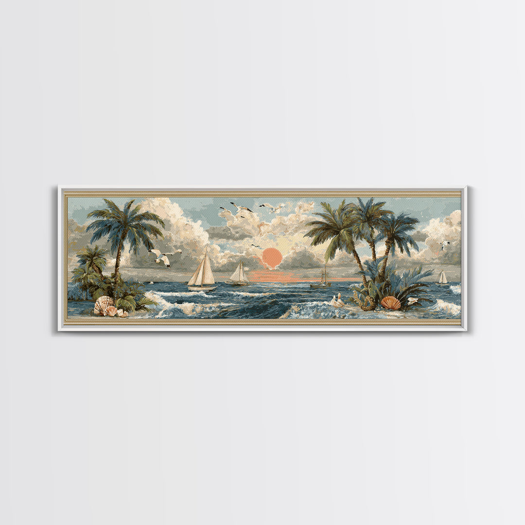 Beachy Shell and Palm Arrangement Canvas Print, Patio Art, Wall Hanging, Patio Decor, Outdoor, Beach Art, Beach House Decor, PAT-3x1-83