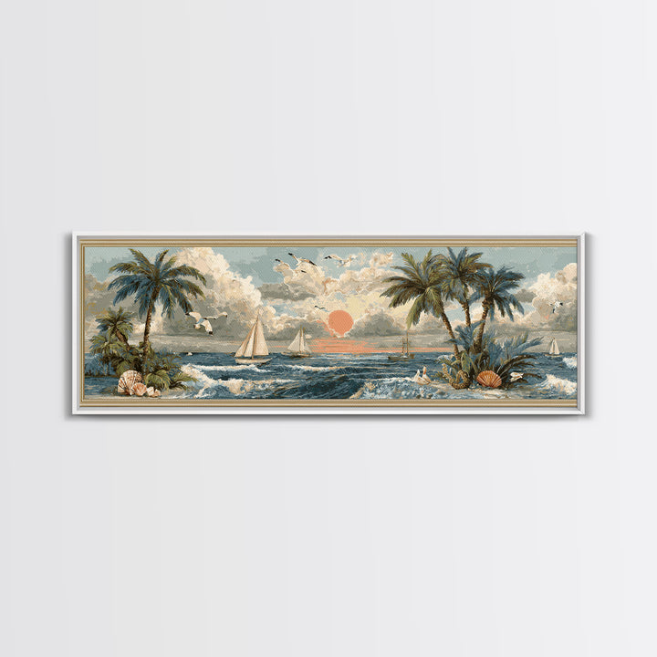 Beachy Shell and Palm Arrangement Canvas Print, Patio Art, Wall Hanging, Patio Decor, Outdoor, Beach Art, Beach House Decor, PAT-3x1-83