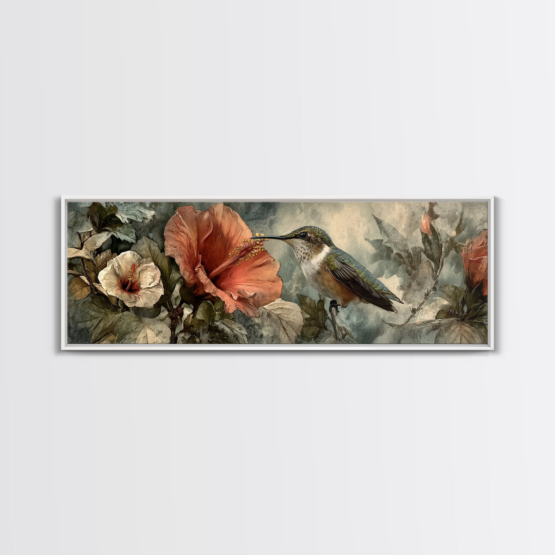 Hummingbird Visiting Bright Hibiscus Canvas Print, Patio Art, Room Decor, Patio Decor, Fine Art, Outdoor, Garden Art, PAT-3x1-91