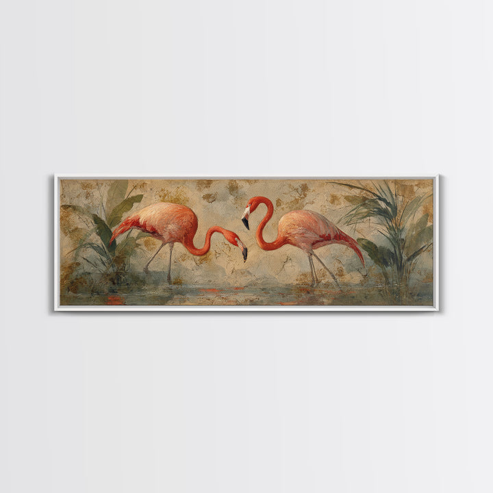 Flamingo Pair Beside Shallow Water Canvas Print, Patio Art, Floral Art, Patio Decor, Fine Art, Outdoor, Statement Artwork, PAT-3x1-98