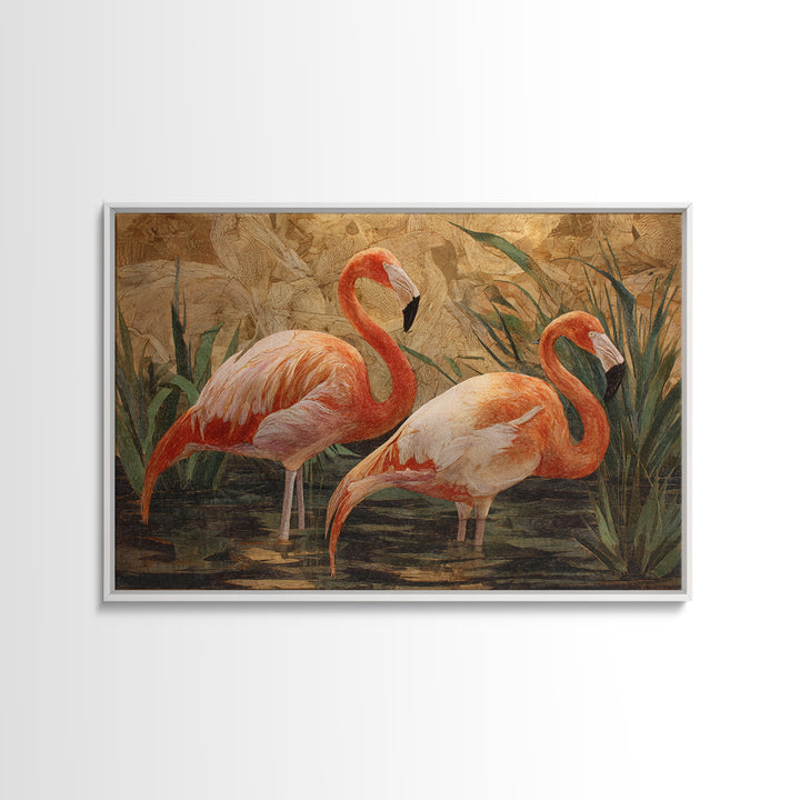 Flamingo Pair Beside Shallow Water Framed Canvas Print, Patio Art, Garden Decor, Patio Decor, Fine Art, Outdoor, Beach Art, PAT-3x2-14