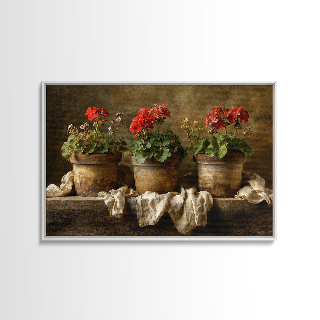 Potted Geraniums in Rustic Clay Pots Framed Canvas Print, Patio Art, Garden Art, Patio Decor, Outdoor, Beach House Decor, PAT-3x2-18