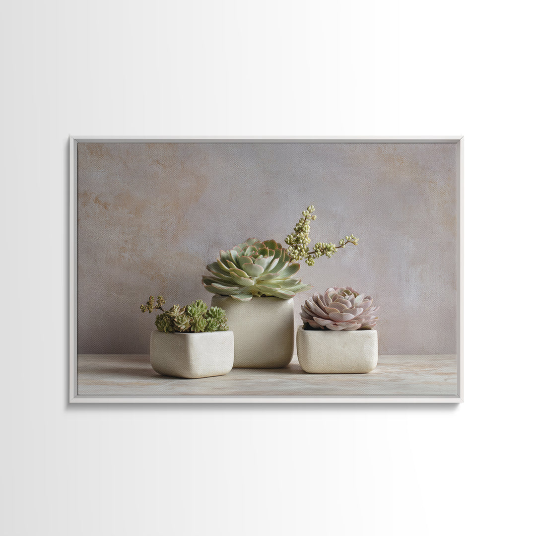 Succulent Collection in Ceramic Planters Framed Canvas Print, Patio Art, Patio Decor, Abstract Art, Outdoor, Gallery Decor, PAT-3x2-25