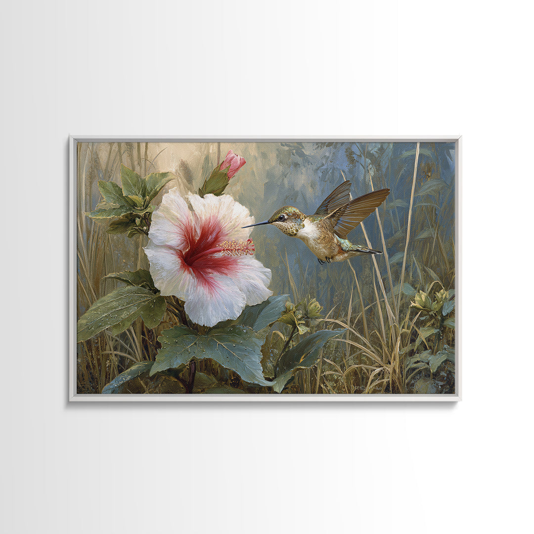 Hummingbird Visiting Bright Hibiscus Framed Canvas Print, Patio Art, Patio Cushions, Patio Decor, Outdoor, Luxury Decor, PAT-3x2-31