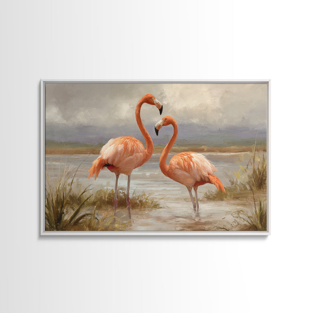 Flamingo Pair Beside Shallow Water Canvas Print, Patio Art, Outdoor Wall Decor, Patio Decor, Fine Art, Outdoor, Yard Decor, PAT-3x2-38
