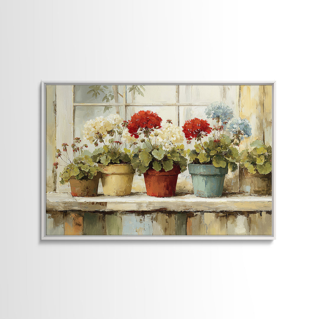 Potted Geraniums in Rustic Clay Pots Canvas Print, Patio Art, Floral Wall Art, Patio Decor, Fine Art, Outdoor, Mixed Media Art, PAT-3x2-42