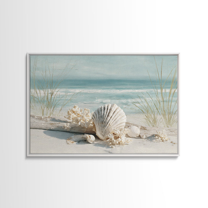 Beachy Shell and Palm Arrangement Framed Canvas Print, Patio Art, Room Decor, Patio Decor, Oil Painting, Outdoor, Garden Art, PAT-3x2-47