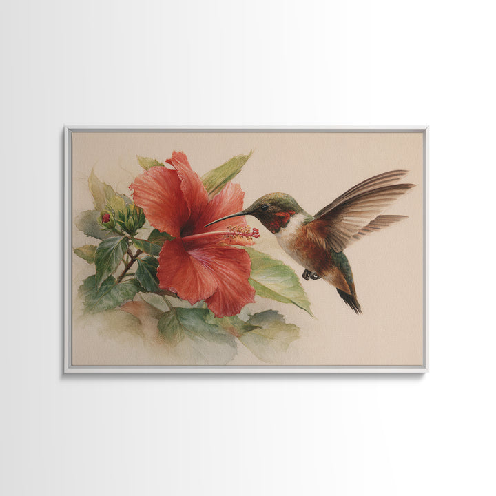 Hummingbird Visiting Bright Hibiscus Framed Canvas Print, Patio Art, Decor, Patio Decor, Oil Painting, Outdoor, PAT-3x2-55