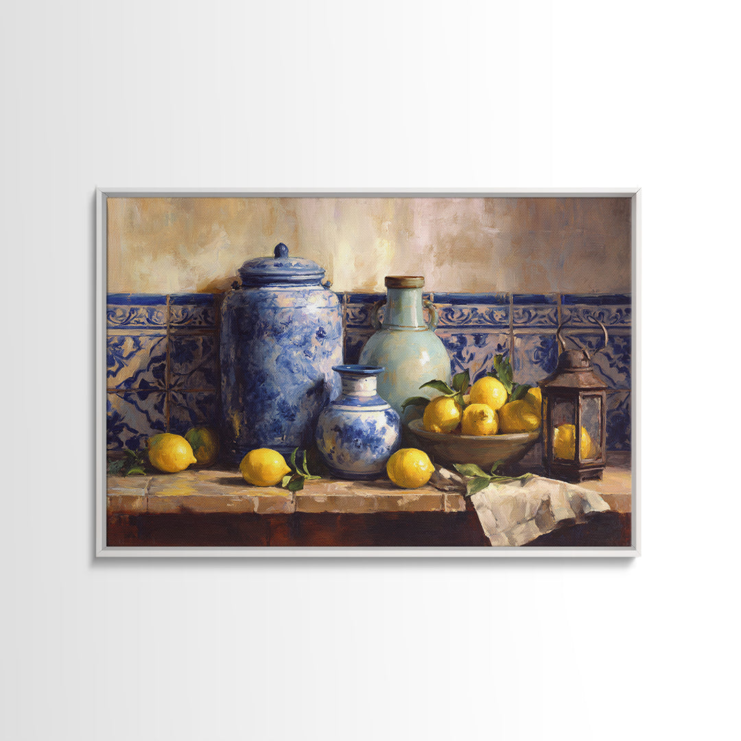 Mediterranean Lemons and Blue Tile Pattern Framed Canvas Print, Patio Art, Yard Art, Patio Decor, Outdoor, Lake House Decor, PAT-3x2-6