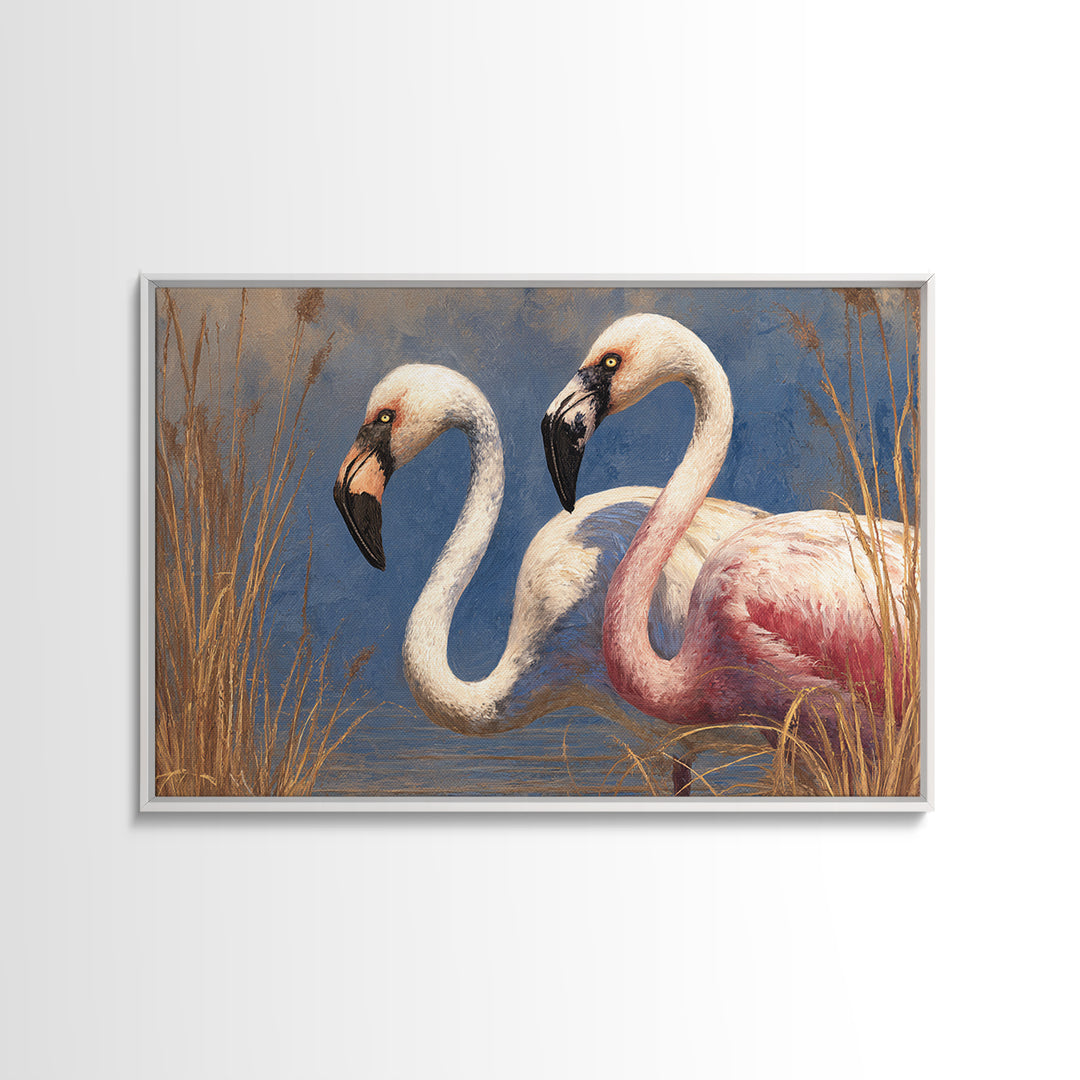 Flamingo Pair Beside Shallow Water Canvas Print, Patio Art, Outdoor Wall Decor, Patio Decor, Fine Art, Outdoor, Yard Decor, PAT-3x2-62