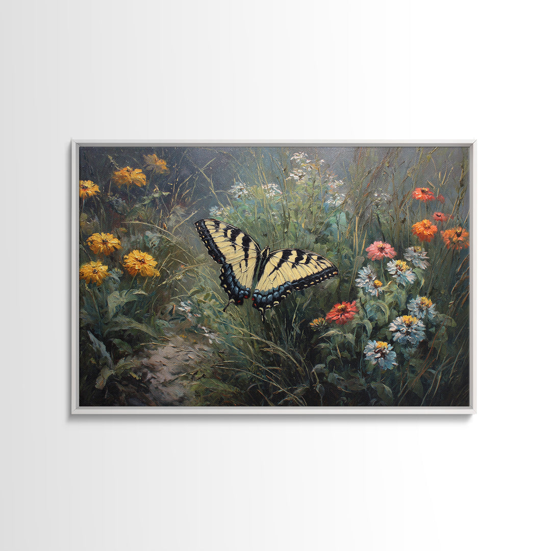 Butterfly Garden with Zinnias and Daisies Framed Canvas Print, Patio Art, Floral Art, Patio Decor, Fine Art, Outdoor, PAT-3x2-65